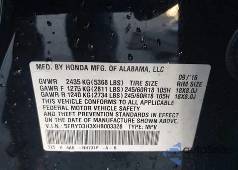 2017 Acura Mdx from USA, damaged, VIN 5FRYD3H3XHB003328